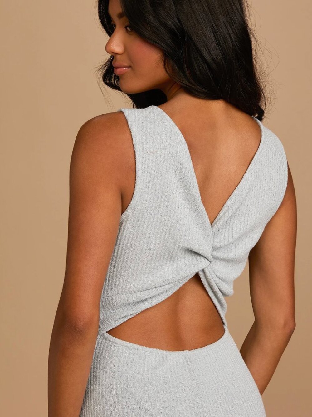 Lulu's Fabulous & Flirty Sage Blue Ribbed Twist-Back Midi Dress - Picture 4 of 7